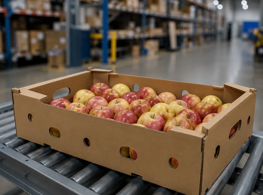 A cardboard tray of apples on a roller conveyor.
